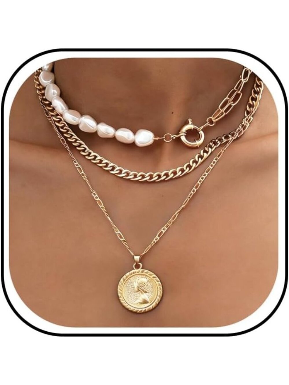 Women's Pearl Chunky Vintage Gold Layered Set Cuban Link Chain Necklace